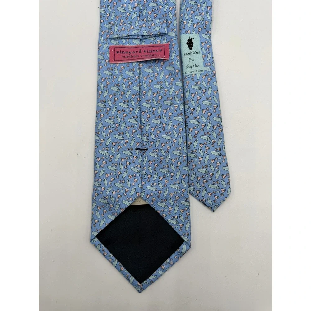 Vineyard Vines Mens Silk Tie Blue Martini Cocktail Shaker Barware Print 2003577